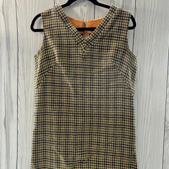 Vtg 60 70’s MOD Brown Brown HOUNDSTOOTH Plaid Wool Tweed Sheath Tank Dress - Picture 1 of 8